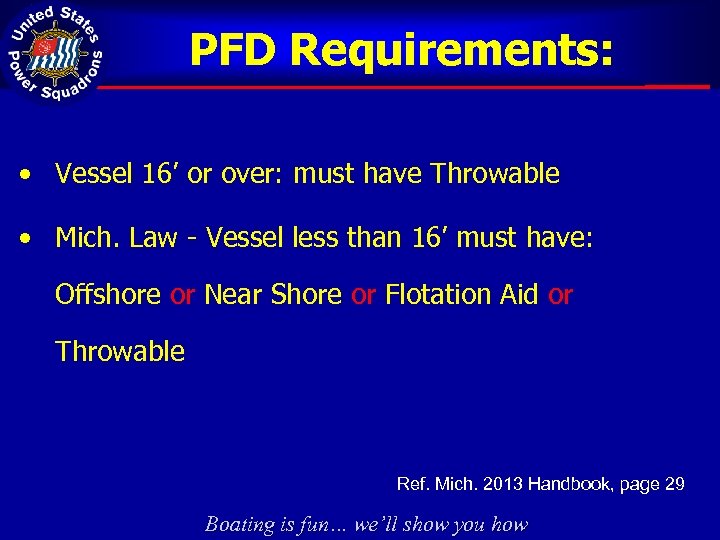 PFD Requirements: • Vessel 16’ or over: must have Throwable • Mich. Law -