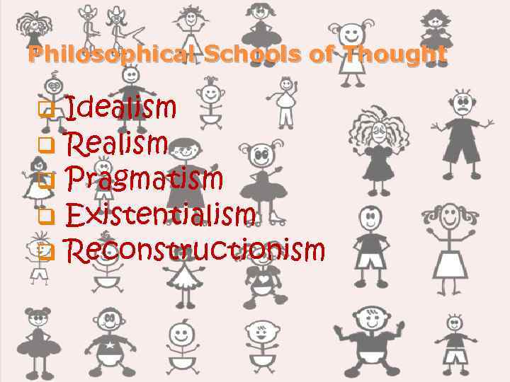 Philosophical Schools of Thought Idealism q Realism q Pragmatism q Existentialism q Reconstructionism q