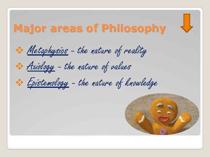 Major areas of Philosophy Metaphysics - the nature of reality v Axiology - the