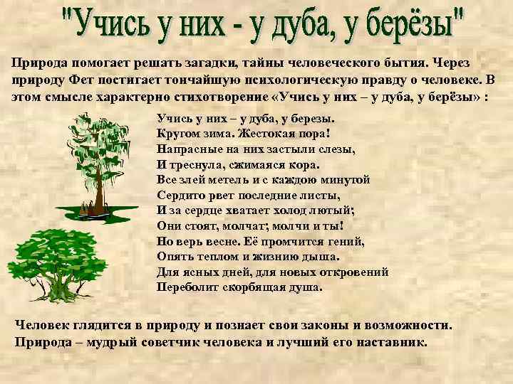 Природа помогает решать загадки, тайны человеческого бытия. Через природу Фет постигает тончайшую психологическую правду