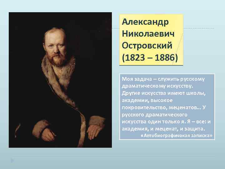 Александр Николаевич Островский (1823 – 1886) Моя задача – служить русскому драматическому искусству. Другие