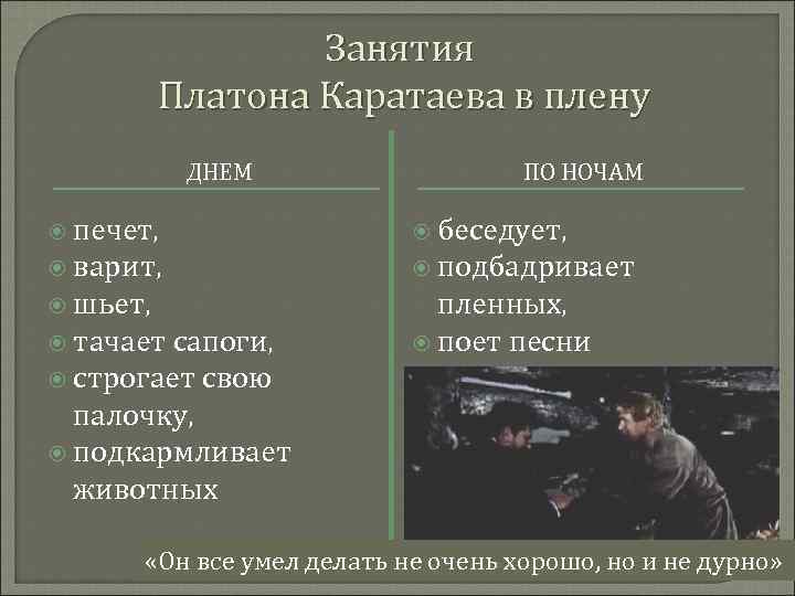 Занятия Платона Каратаева в плену ДНЕМ ПО НОЧАМ печет, беседует, варит, подбадривает шьет, пленных,