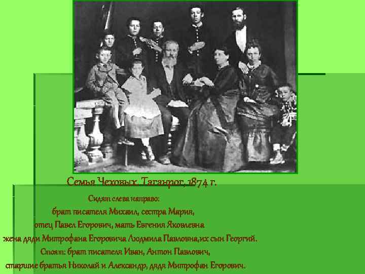 Семья Чеховых. Таганрог, 1874 г. Сидят слева направо: брат писателя Михаил, сестра Мария, отец