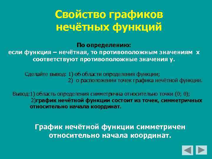 Свойство графиков нечётных функций По определению: если функция – нечётная, то противоположным значениям х