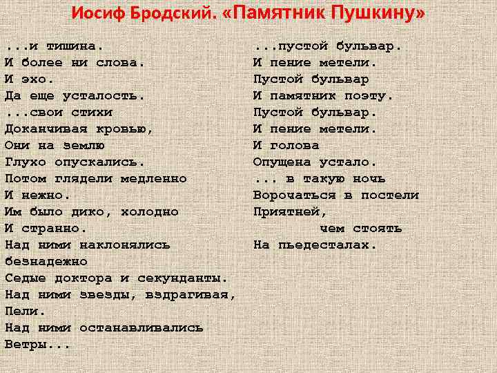 Иосиф Бродский. «Памятник Пушкину» . . . и тишина. И более ни слова. И