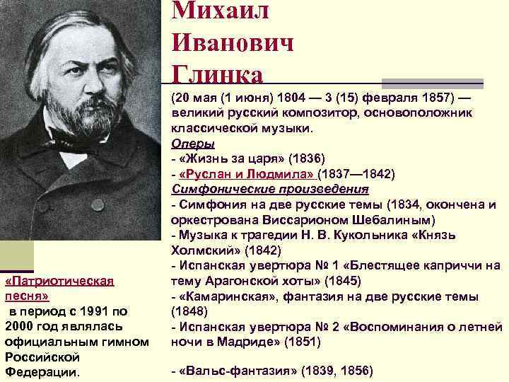 Михаил Иванович Глинка «Патриотическая песня» в период с 1991 по 2000 год являлась официальным