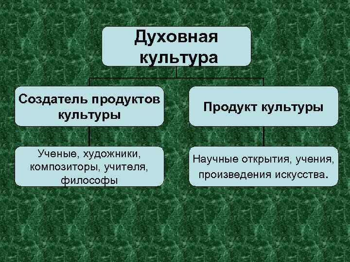 Духовная культура Создатель продуктов культуры Продукт культуры Ученые, художники, композиторы, учителя, философы Научные открытия,
