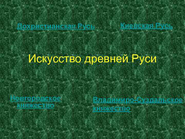 Дохристианская Русь Киевская Русь Искусство древней Руси Новгородское княжество Владимиро-Суздальское княжество 