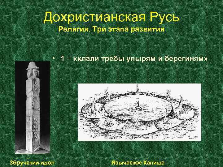Дохристианская Русь Религия. Три этапа развития • 1 – «клали требы упырям и берегиням»