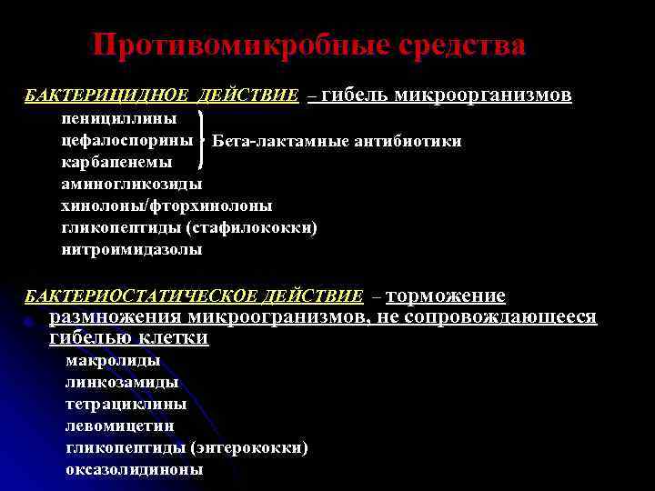 Противомикробные средства БАКТЕРИЦИДНОЕ ДЕЙСТВИЕ – гибель микроорганизмов пенициллины цефалоспорины Бета-лактамные антибиотики карбапенемы аминогликозиды хинолоны/фторхинолоны