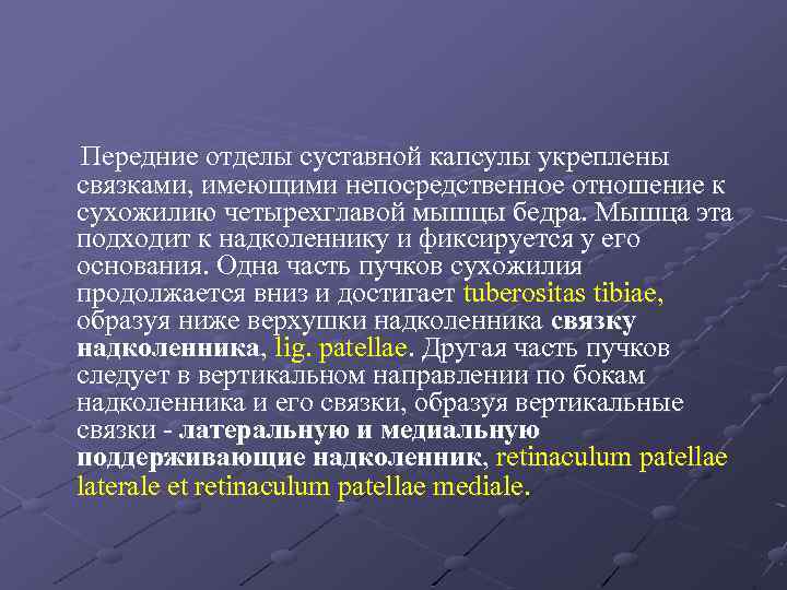 Передние отделы суставной капсулы укреплены связками, имеющими непосредственное отношение к сухожилию четырехглавой мышцы бедра.