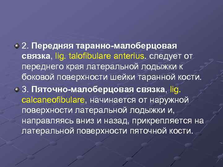 2. Передняя таранно-малоберцовая связка, lig. talofibulare anterius. следует от переднего края латеральной лодыжки к