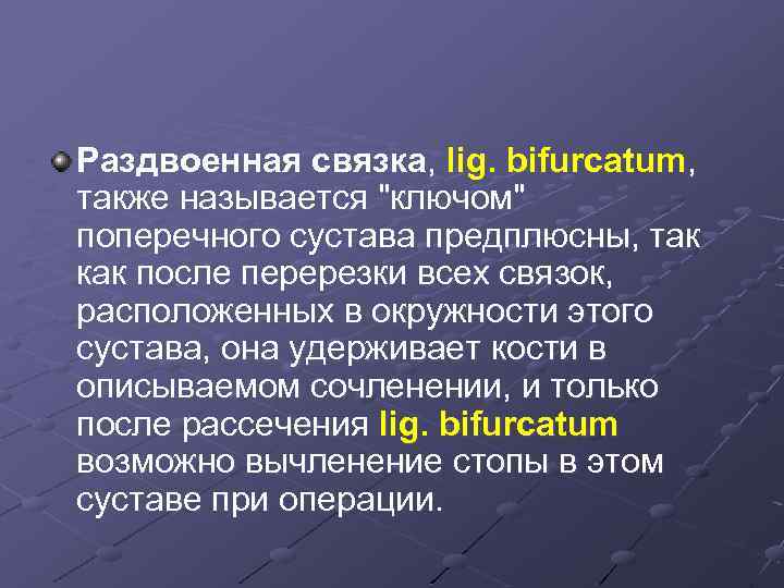 Раздвоенная связка, lig. bifurcatum, также называется "ключом" поперечного сустава предплюсны, так как после перерезки