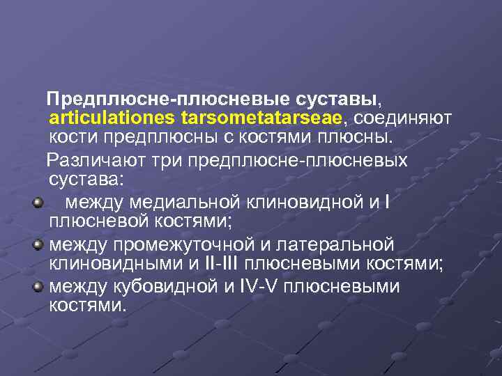 Предплюсне-плюсневые суставы, articulationes tarsometatarseae, соединяют кости предплюсны с костями плюсны. Различают три предплюсне-плюсневых сустава: