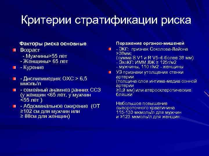 Критерии стратификации риска Факторы риска основные Возраст - Мужчины>55 лет - Женщины> 65 лет