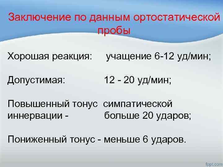 Заключение по данным ортостатической пробы Хорошая реакция: учащение 6 -12 уд/мин; Допустимая: 12 -