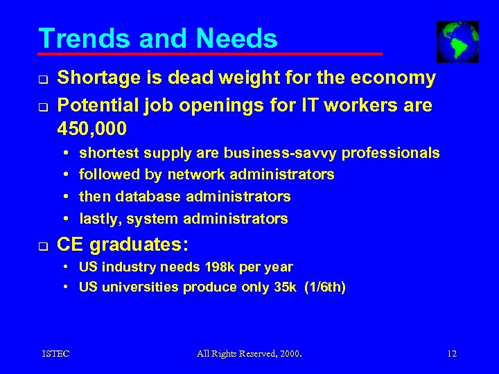 Trends and Needs q q Shortage is dead weight for the economy Potential job