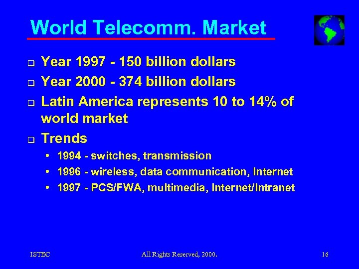 World Telecomm. Market q q Year 1997 - 150 billion dollars Year 2000 -