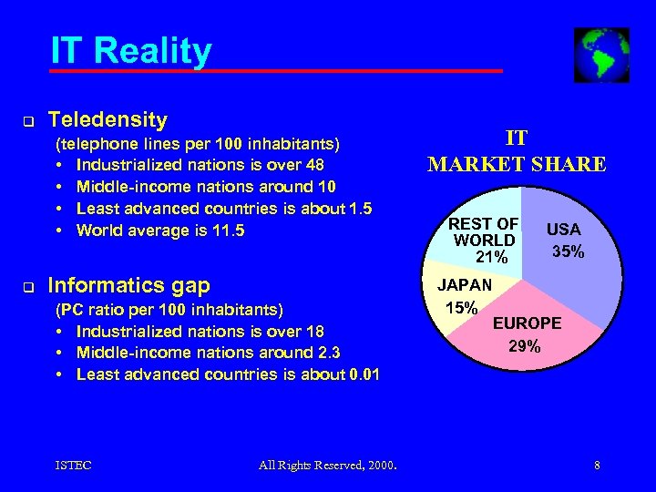 IT Reality q Teledensity (telephone lines per 100 inhabitants) • Industrialized nations is over