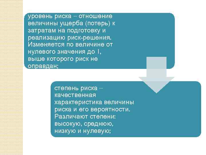 уровень риска – отношение величины ущерба (потерь) к затратам на подготовку и реализацию риск-решения.