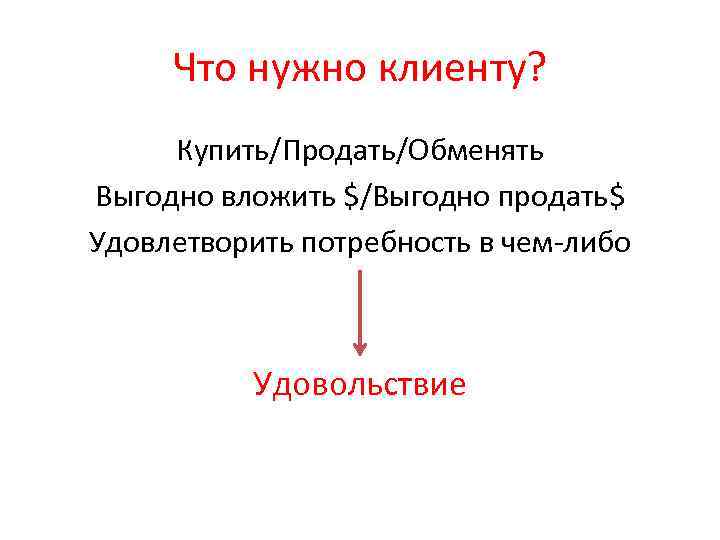 Что нужно клиенту? Купить/Продать/Обменять Выгодно вложить $/Выгодно продать$ Удовлетворить потребность в чем-либо Удовольствие 