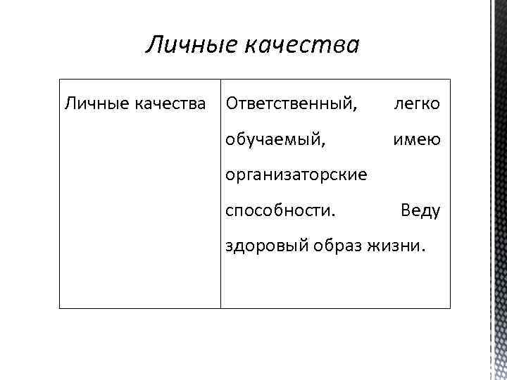 Личные качества Ответственный, обучаемый, легко имею организаторские способности. Веду здоровый образ жизни. 