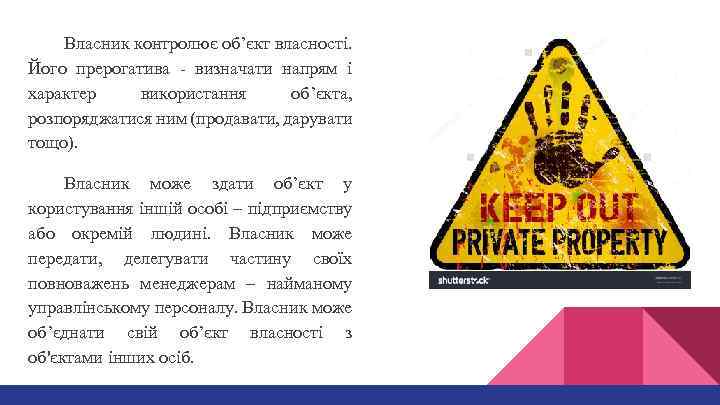 Власник контролює об’єкт власності. Його прерогатива - визначати напрям і характер використання об’єкта, розпоряджатися