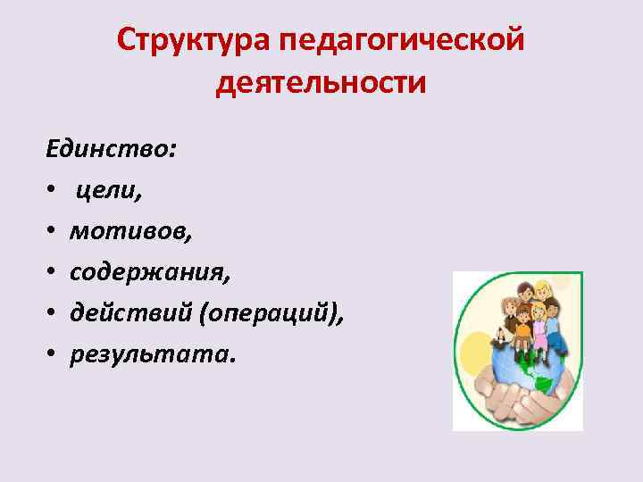 Структура педагогической деятельности Единство: • цели, • мотивов, • содержания, • действий (операций), •