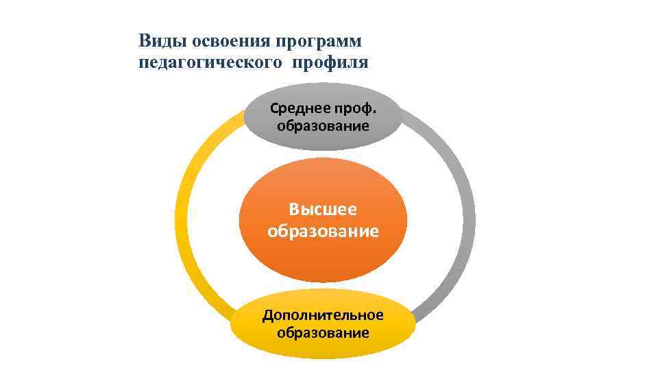 Виды освоения программ педагогического профиля Среднее проф. образование Высшее образование Дополнительное образование 