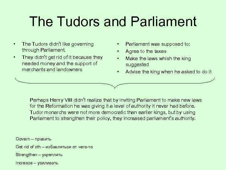 The Tudors and Parliament • • The Tudors didn’t like governing through Parliament. They