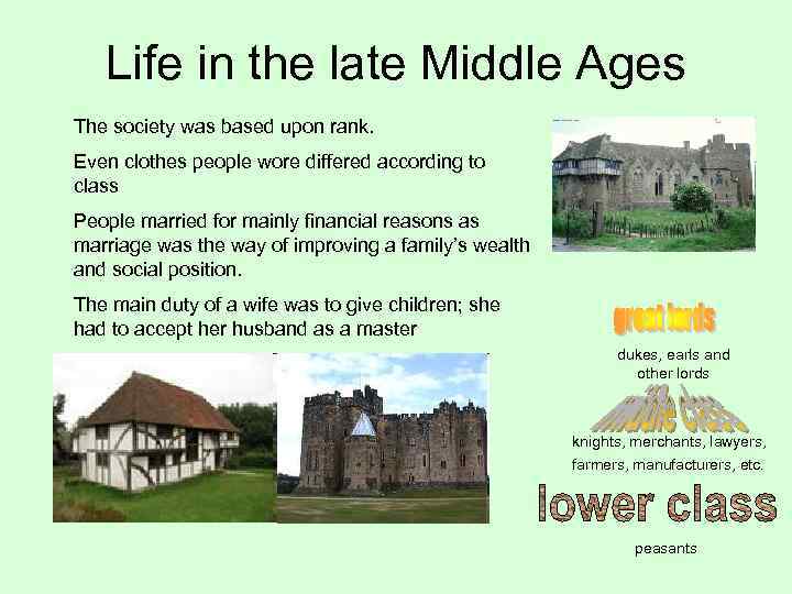 Life in the late Middle Ages The society was based upon rank. Even clothes