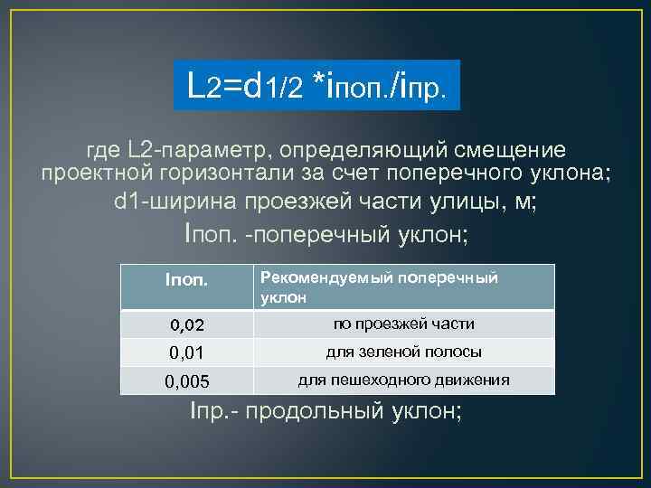 L 2=d 1/2 *iпоп. /iпр. где L 2 -параметр, определяющий смещение проектной горизонтали за