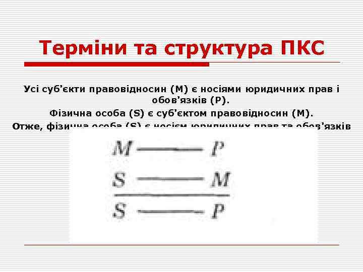 Терміни та структура ПКС Усі суб'єкти правовідносин (М) є носіями юридичних прав і обов'язків