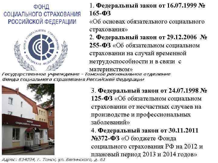 1. Федеральный закон от 16. 07. 1999 № 165 -ФЗ «Об основах обязательного социального