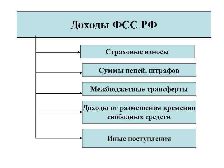 Доходы ФСС РФ Страховые взносы Суммы пеней, штрафов Межбюджетные трансферты Доходы от размещения временно