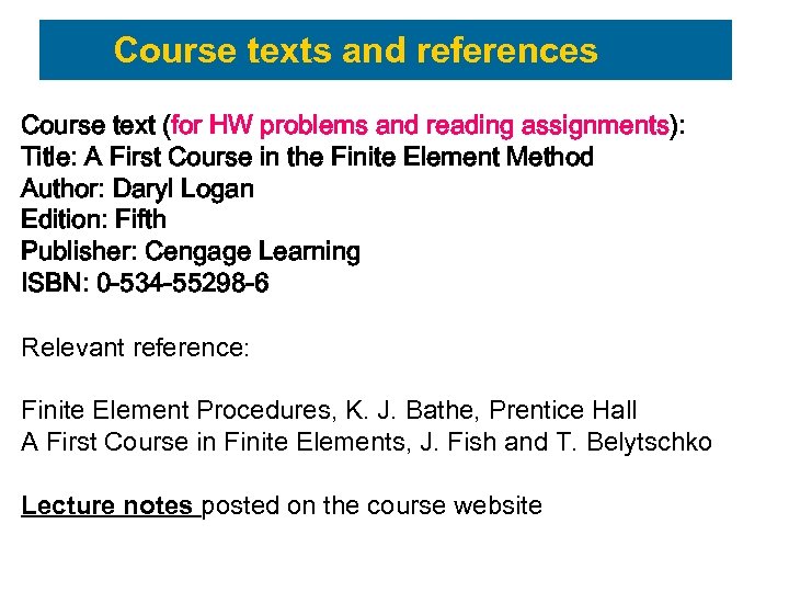 Course texts and references Course text (for HW problems and reading assignments): Title: A