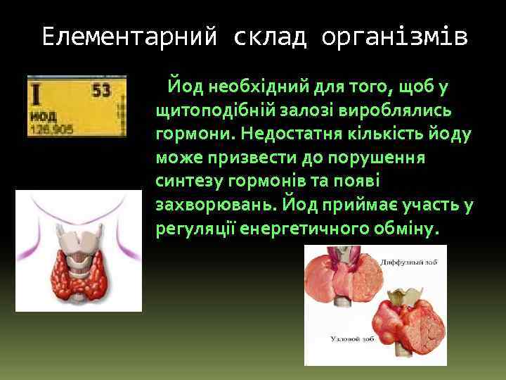 Елементарний склад організмів Йод необхідний для того, щоб у щитоподібній залозі вироблялись гормони. Недостатня