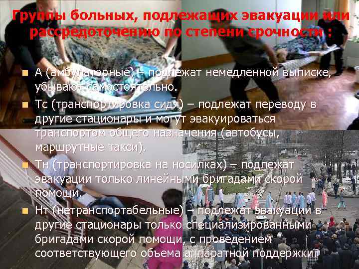 Группы больных, подлежащих эвакуации или рассредоточению по степени срочности : А (амбулаторные) – подлежат