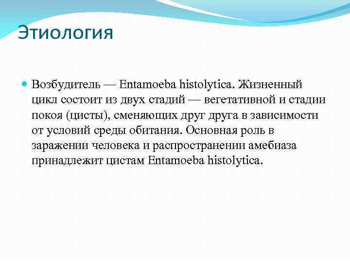 Этиология Возбудитель — Entamoeba histolytica. Жизненный цикл состоит из двух стадий — вегетативной и