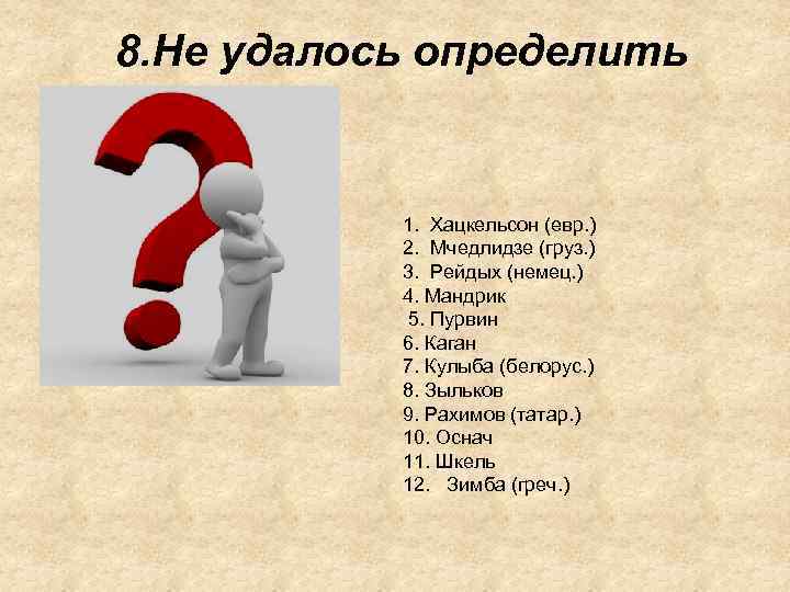 8. Не удалось определить 1. Хацкельсон (евр. ) 2. Мчедлидзе (груз. ) 3. Рейдых