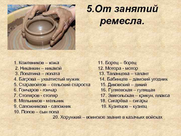 5. От занятий ремесла. 1. Кожевников – кожа 11. Борец – борец 2. Никанкин
