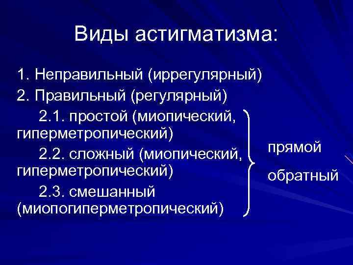 Виды астигматизма: 1. Неправильный (иррегулярный) 2. Правильный (регулярный) 2. 1. простой (миопический, гиперметропический) прямой