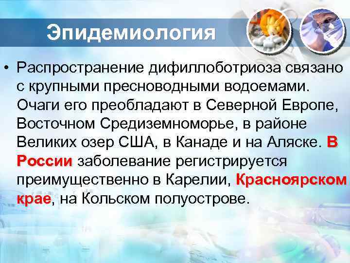 Эпидемиология • Распространение дифиллоботриоза связано с крупными пресноводными водоемами. Очаги его преобладают в Северной