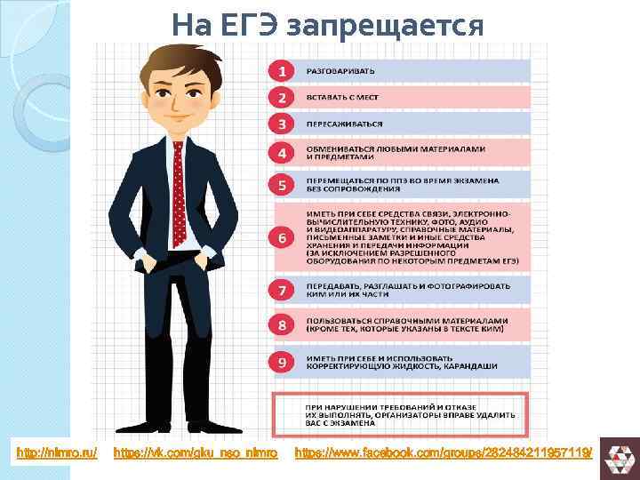 На ЕГЭ запрещается http: //nimro. ru/ https: //vk. com/gku_nso_nimro https: //www. facebook. com/groups/282484211957119/ 