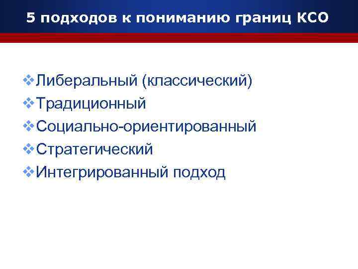 5 подходов к пониманию границ КСО v. Либеральный (классический) v. Традиционный v. Социально-ориентированный v.