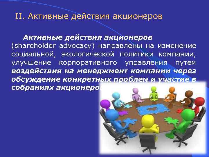 II. Активные действия акционеров (shareholder advocacy) направлены на изменение социальной, экологической политики компании, улучшение