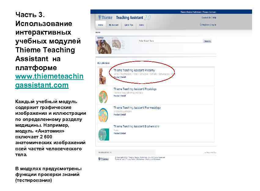 Часть 3. Использование интерактивных учебных модулей Thieme Teaching Assistant на платформе www. thiemeteachin gassistant.