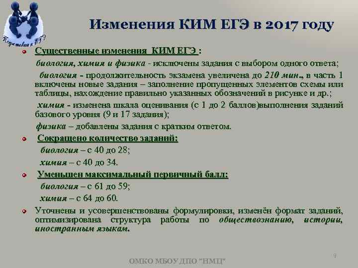 Изменения КИМ ЕГЭ в 2017 году Существенные изменения КИМ ЕГЭ : биология, химия и