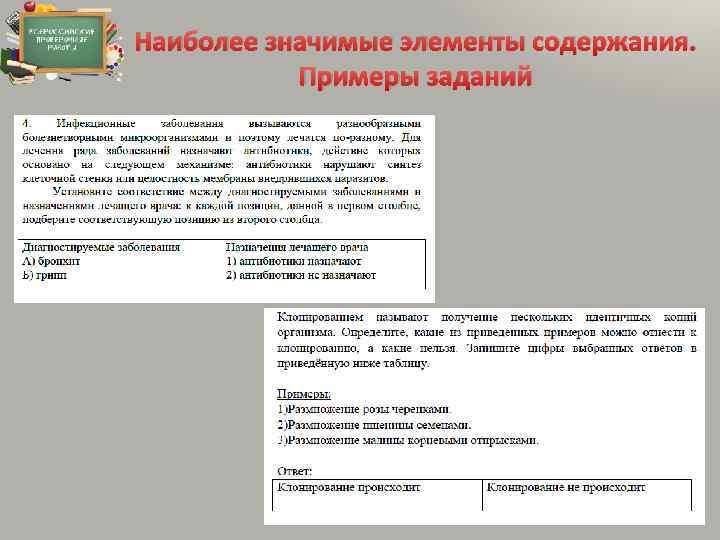 Наиболее значимые элементы содержания. Примеры заданий 