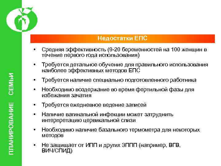 Недостатки ЕПС ПЛАНИРОВАНИЕ Средняя эффективность (9 -20 беременностей на 100 женщин в течение первого